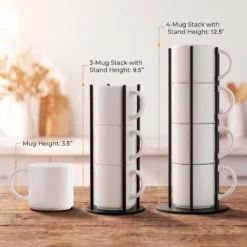 Size guide: 3.5-inch stackable mug, 9.5-inch 3-mug stack and 12.5-inch 4-mug stack on black metal display stands