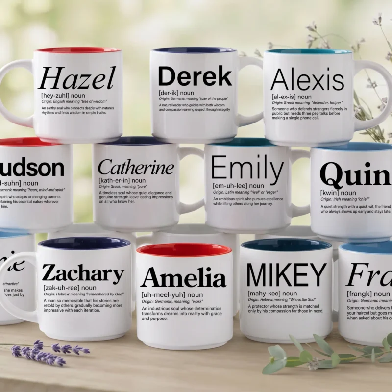 Personalized name meaning mugs stacked in rows, with first names like Hazel, Derek, Alexis and Emily in four interior colors.