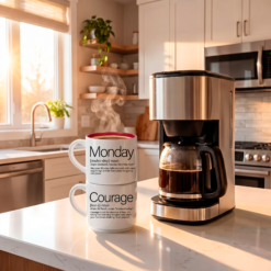 Two-mug Monday + Courage stack, 14-ounce white stackable mugs with Word Story Style™ blessings and a red interior, filled with steaming coffee beside a coffee maker on a sunlit kitchen counter.