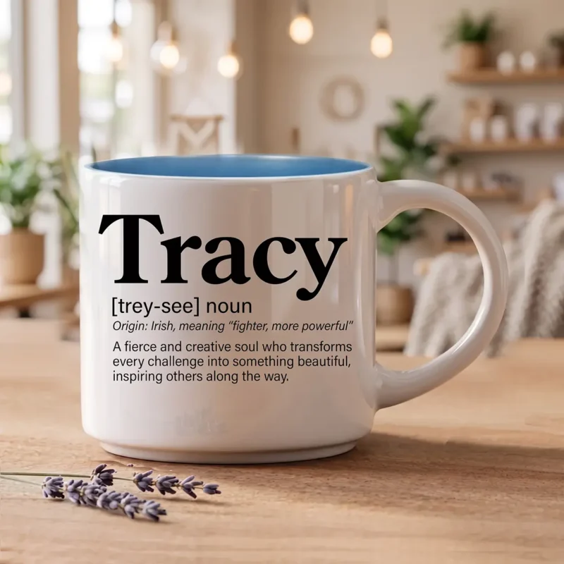 Signature Word Story Style™ individual personalized name mug shown with a smooth, glossy white ceramic finish and a contrasting blue interior, honors the most personal word of all – the one you answer to every day.