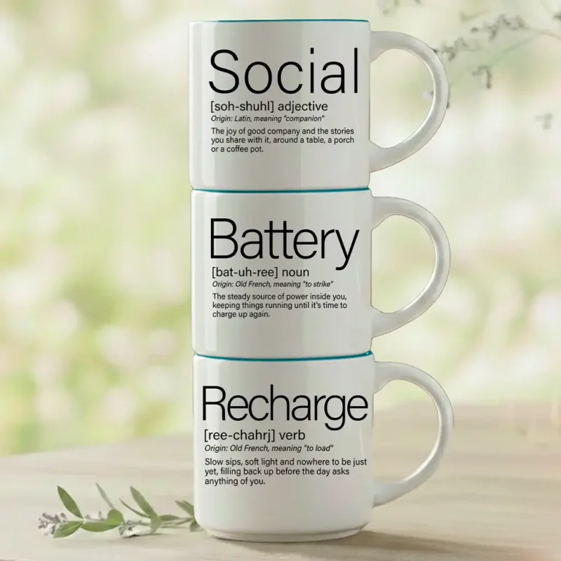Social + Battery + Recharge, a Word Story Style™ story stack for slow mornings and full hearts.