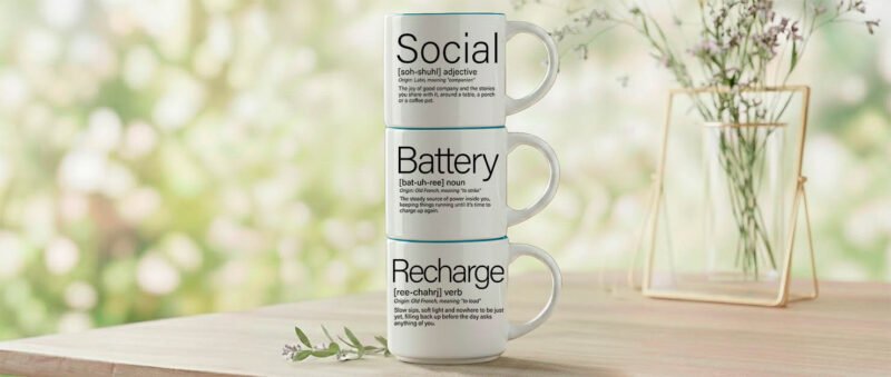 Social + Battery + Recharge, a Word Story Style™ story stack for slow mornings and full hearts.