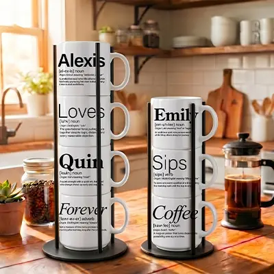 Our signature 3-mug and 4-mug custom sets fit flawlessly inside matching, space-saving matte black metal Storyteller Display Stands.