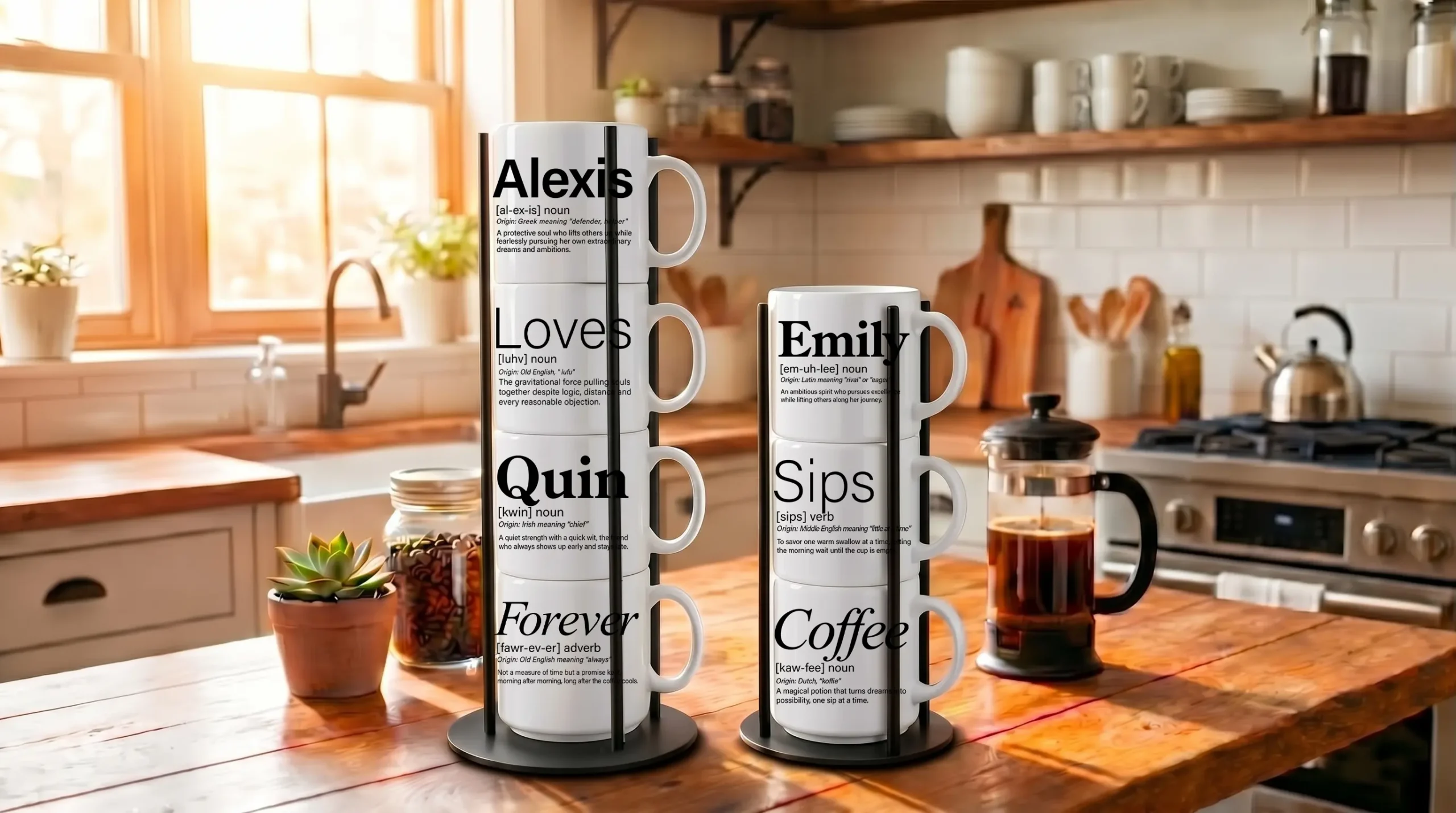 Our signature 3-mug and 4-mug custom sets fit flawlessly inside matching, space-saving matte black metal Storyteller Display Stands.