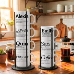Our signature 3-mug and 4-mug custom sets fit flawlessly inside matching, space-saving matte black metal Storyteller Display Stands.