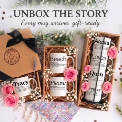 Coffee & Words kraft gift boxes with crinkle-paper filling holding a single Tracy name mug, a 2-mug Beach Please stack and a 4-mug Alexis Loves Quin Forever stack in a black metal display stand