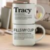 Fills My Cup name mug set reading Tracy Fills My Cup, two 14-ounce white stackable mugs in Word Story Style on a writer’s desk.