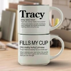 Fills My Cup name mug set reading Tracy Fills My Cup, two 14-ounce white stackable mugs in Word Story Style on a writer’s desk.